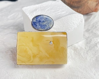 Rectangular Butterscotch Milky Whilte Yellow Marbling Amber Pendant with  Silver, Accented with Larimar