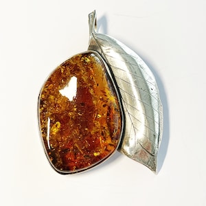 Massif Grand Cognac Baltique Ambre Pendentif Solide 925 Silver Leaf Shape Boîtier