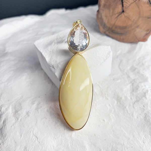 Butterscotch Milky Whilte Yellow Marbling Amber Pendant with Gold-tone Metal Plated Silver, Accented with Clear Crystal