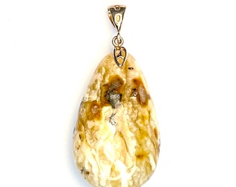 100% Handmade Genuine Natural Baltic White Butterscotch Marbling Amber Pendant on 14K Plated 925 Silver, Minimalistic Design, Rare Amber