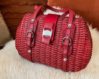 SALVATORE FERRAGAMO VINTAGE 100% Genuine Basket Woven Wicker Double Handle Bag,  with Rhinestone Accents, Bright Red, Like New Condition