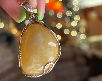 100% Natural Butterscotch Gold Marbling Swirl Baltic Amber Pendant on 925 Silver