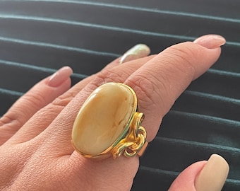 GENUINE BALTIC AMBER Butterscotch White Marbling Amber Ring on 18K Gold Plated Silver, Adjustable Size