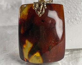 Strong Green Fluorescent Natural Baltic Cognac Amber Pendant on Gold-tone plated Silver, Elegant Pendant, Amber Pendant