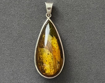 Teardrop INCLUSION Cognac Amber Pendant with Silver, Large Fragment of Leaf Preserved