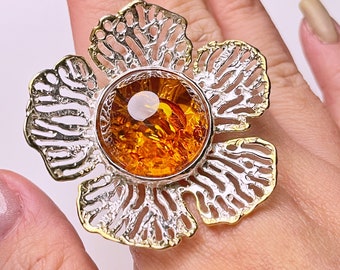 HUGE Fancy Lace-style Flower Floural Handmade Authentic Baltic Piebald Amber Ring with 24K Gold Plated Silver, Textured Finish, Adjustable