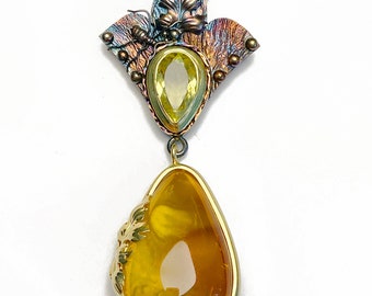 TOURCHED SILVER Rainbow Color Pendant, Perfect Honey Butterscotch Marbling Baltic Amber Teardrop Shaped, with Yellow Crystal Accent