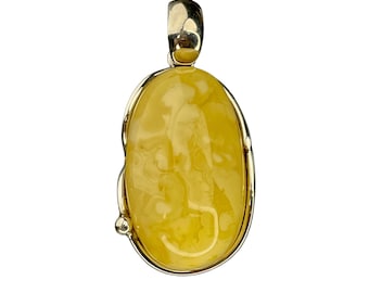 Handmade Genuine Natural Baltic White Butterscotch Marbling Amber Pendant on 925 Silver, Minimalistic Design, Rare Amber
