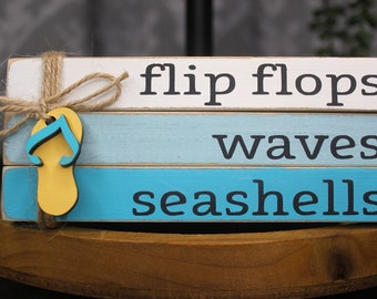 beach book stack, beach tier tray, summer book stack, summer tier tray, summer décor, flip flop book, seashell décor, seashell tier tray