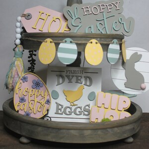 Easter tiered tray, Easter décor, tiered tray décor, hoppy Easter, DIY blank wood, laser cut
