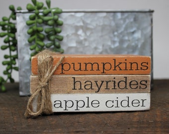 wooden books, tiered tray piece, centerpiece, fall décor, book bundle, book stack, apple cider, hayrides