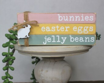 Easter book stack, Easter wood books, Easter tiered tray, Easter décor, tier tray décor, wood book, bunnies, easter eggs, jelly beans