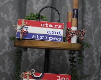 Patriotic book stack, firecracker wood, 4th of July books, 4th of July tier tray décor, tier tray décor, stars and stripes décor