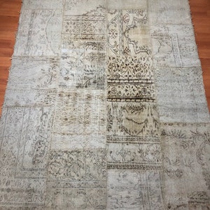 Vintage Patchwork Teppich, Patchwork Teppich in Neutral, 150x200 Patchwork Teppich, Handgemachter Patchwork Teppich aus Wolle,