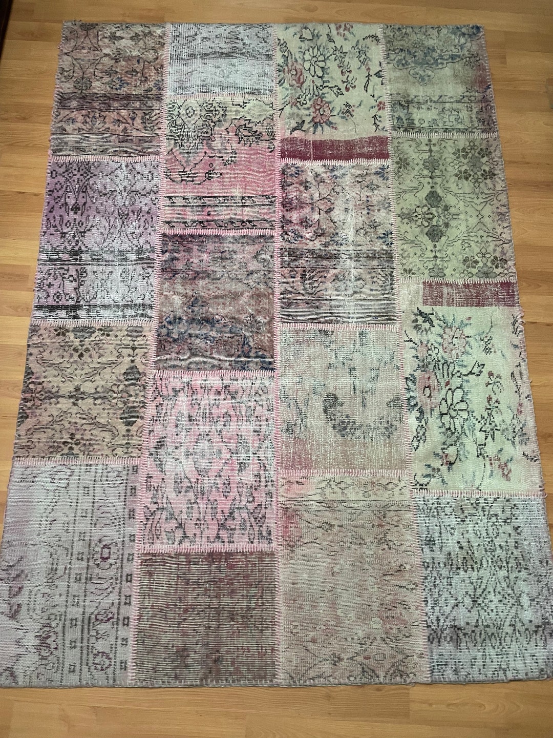 5x7 Vintage Pink Patchwork Area Rug, Handmade Faded Wool Carpet, Living ...