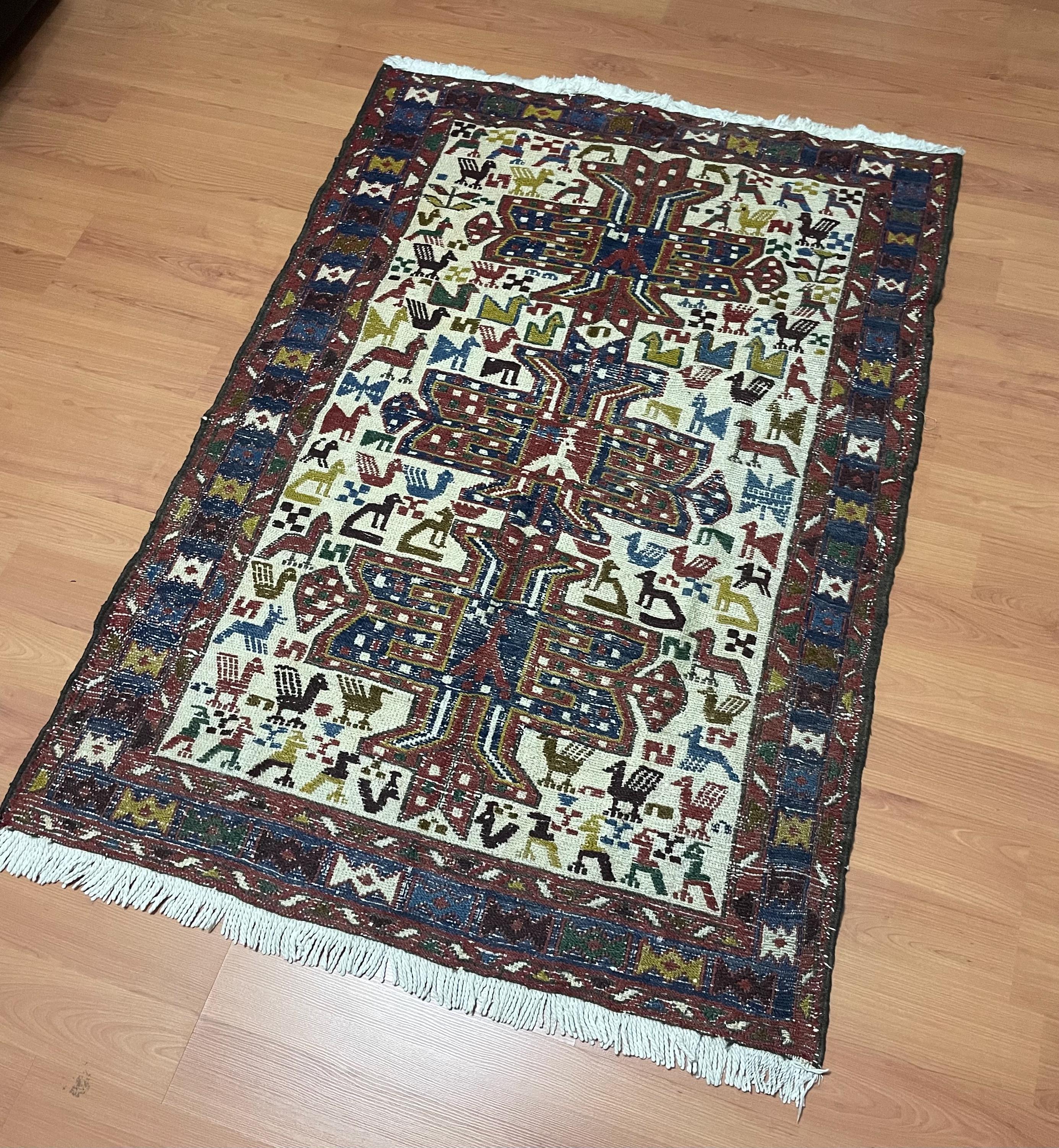 Silk Shahsevan Sumak Rug Vintage Soumak Rug, Persian Soumak Rug, Vintage Caucasian Rug, Kurdish ...