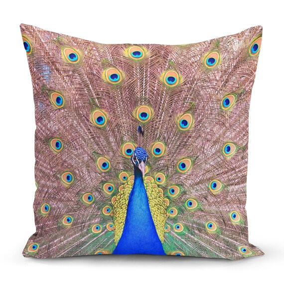 Peacock Pillow Cover, Peacock Tail Printed Pillow, Bird Printed