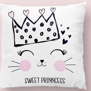 Funda de almohada de princesa dulce de 40,6 x 40,6 cm, adorable cojín con cara de gato, decoración de guardería con corona rosa, cojín decorativo para habitación infantil, idea de regalo para niña.