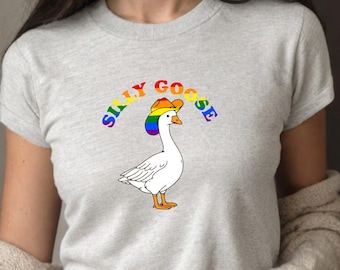 Silly Goose Pride Baby Tee: Vibrant Goose Graphic, Y2K Crop Style, Soft Cotton Shirt