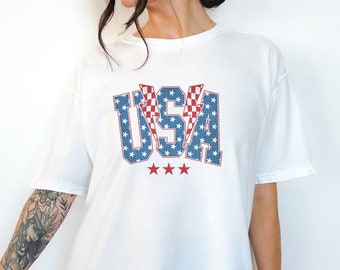 Retro USA Checkered Shirt: Comfort Colors Loose Fit Tee (Fourth of July Wear)