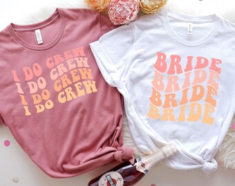 Retro Bride and I Do Crew T-Shirt: Wavy Bridal Party Tee (Unisex Cotton Blend)