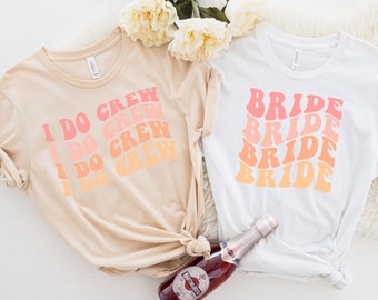 Retro Wavy Bride I Do Crew Bachelorette Party Shirts: Casual Bridal Cotton Blend Tee