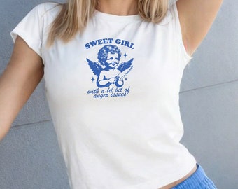 Sweet Girl Anger Baby Tee: Y2K Angel Crop Top, Soft Cotton (Youth Unisex)