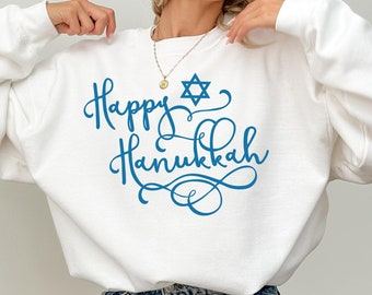 Star of David Hanukkah Sweatshirt – Blue White Cotton Blend Crewneck
