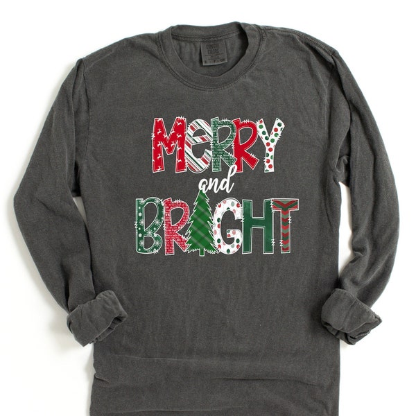 Long Sleeve Retro Christmas Comfort Colors Shirt, Merry and Bright Boho Font, Vintage Holiday Shirt, Santa Shirt, Retro Christmas Shirt