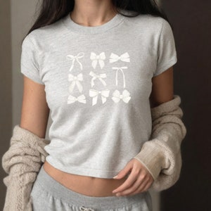 White Bows Baby Tee, Baby Tee, Cute Bow Graphic T, 90s TShirt, Bow Tee, Girly y2k baby tee, 90s baby tee, y2k, Cutesy Crop