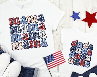 Mama Dude Matching Shirts, Patriotic 4th of July Family Tees (Cotton Blend)