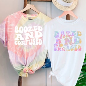 Bachelorette Wavy Tie Dye Party Shirts, Dazed and Engaged, Boozed and Confused, Gift,Retro Graphic Tee,Bridal Party Shirts,Girls Trip