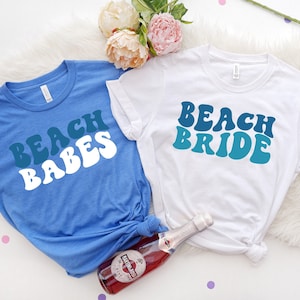 Beach Bride and Beach Babes, Blue Shirts, Baby Blue, Retro Batch Shirts, Bachelorette Party Shirts, Bachelorette T-shirt, Retro Mauve Shirt