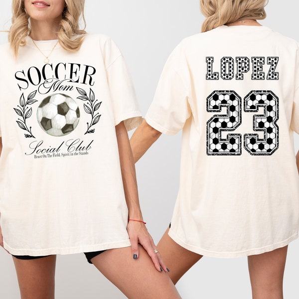 Soccer Mom Social Club Custom Sports Comfort Colors Tee, Two-sided Soccer Tshirt Custom Number Name Soccer Mom Tee Personalized Soccer Shirt