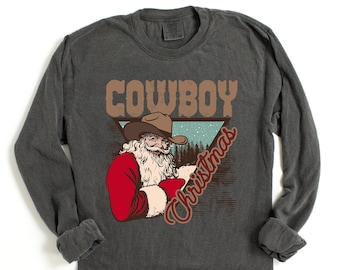 Long Sleeve Retro Christmas Comfort Colors shirt, Christmas Cowboy Shirt, Vintage Christmas Santa Shirt, Xmas Shirt, Retro Long Sleeve Shirt