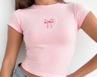 Pastel Pink Y2K Baby Shirt, Pearl Heart Bow Detail, Soft Cotton