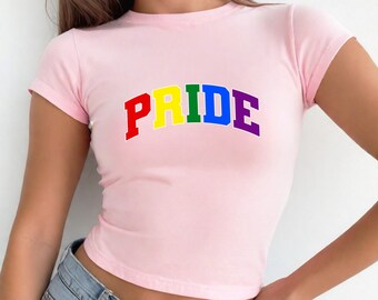 Pride Month Rainbow Baby Tee – Y2K Retro Crop Top, LGBTQ+ Festival Outfit