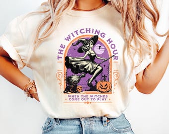 Witching Hour Shirt Halloween Tee, Ghost & Skeleton Graphic (Unisex S-XXL, Comfort Colors, Pepper)