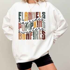 Retro Flannels Hayrides Pumpkins Sweaters Bonfires Sweatshirt, Thanksgiving Shirt, Cozy Sweater, Fall Shirt Cute Fall Fleece Autumn Crewneck