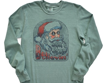 Long Sleeve Retro Christmas Comfort Colors shirt, Dont Stop Believing, Vintage Groovy Santa Holiday Shirt, Santa Shirt Christmas TShirt