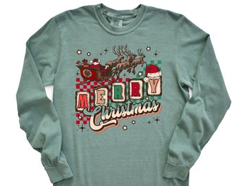 Long Sleeve Retro Christmas Comfort Colors shirt, Merry Christmas Santa Ornament, Vintage Holiday Shirt, Santa Shirt, Retro Christmas Shirt