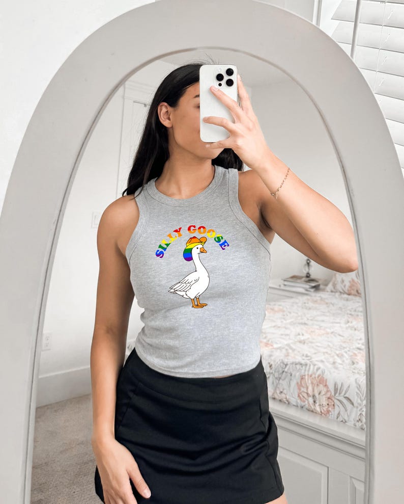Op de afbeelding: Een grijze tanktop met een cartoon gans met een regenboog hoed en de woorden "Silly Goose" in regenboog letters. De tanktop is mouwloos en heeft een ronde halslijn. De gans is wit met een gele snavel en bruine poten.