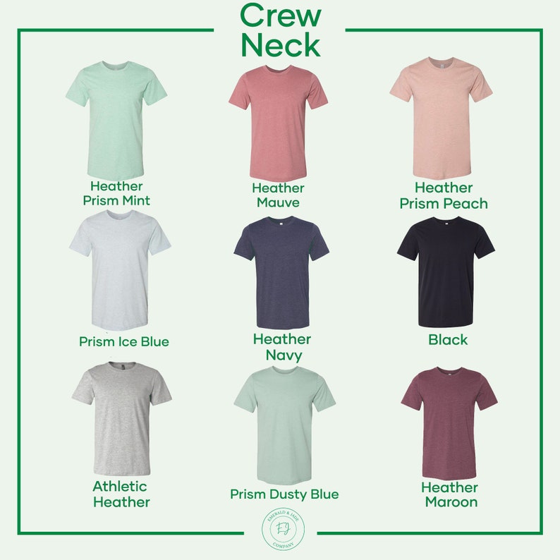 K&ouml;nnte beinhalten: Eine Auswahl an T-Shirts mit Rundhalsausschnitt in verschiedenen Farben, darunter Heather Prism Mint, Heather Mauve, Heather Prism Peach, Prism Ice Blue, Heather Navy, Schwarz, Athletic Heather, Prism Dusty Blue und Heather Maroon.