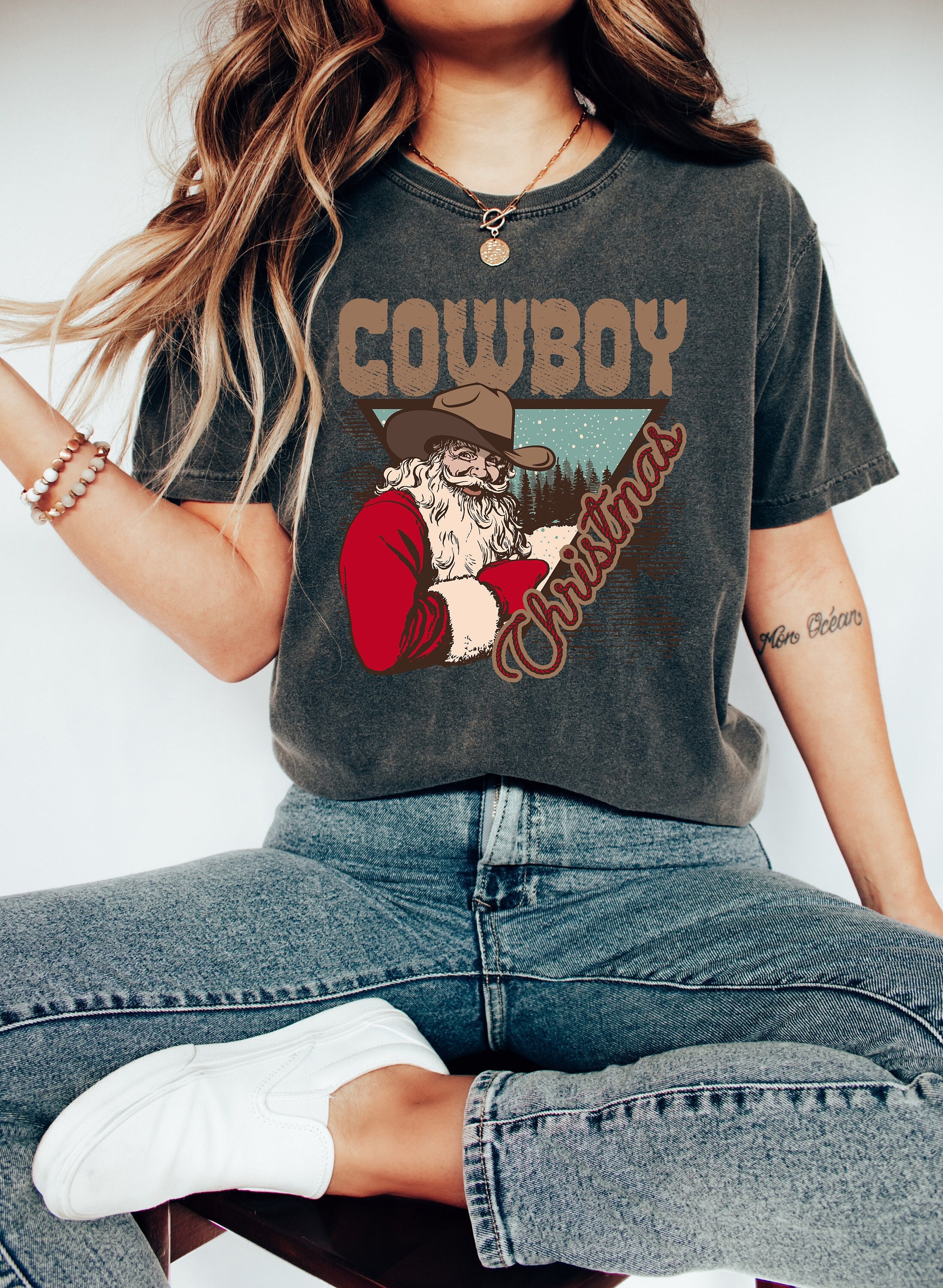 Retro Christmas Comfort Colors Shirt, Cowboy Western Vintage Santa Holiday Ugly Sweater Shirt