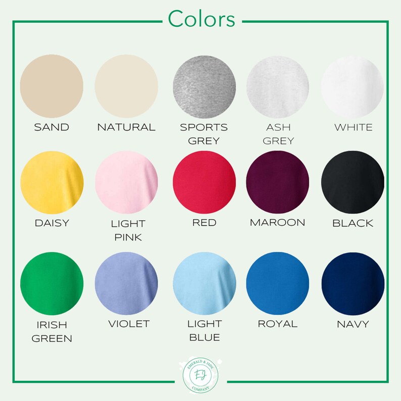Pu&ograve; includere: Tabella colori che mostra 15 colori diversi di t-shirt. I colori sono: Sabbia, Naturale, Grigio Sport, Grigio Cenere, Bianco, Margherita, Rosa Chiaro, Rosso, Borgogna, Nero, Verde Irlandese, Violetto, Azzurro, Blu Reale e Blu Navy.