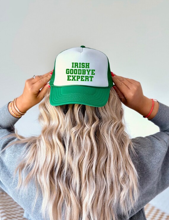 Irish Goodbye Expert Hat Funny St Patrick’s Day Cap Green Beige Snapback Retro Irish Goodbye Expert Snapback Hat, St. Patricks Day Trucker  main image 4