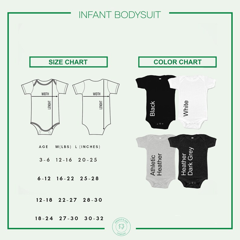 Op de afbeelding: Maattabel voor baby-rompers met metingen in inches en ponden. Kleurenkaart toont vijf kleuren: zwart, wit, atletisch grijs, donkergrijs grijs en grijs grijs.