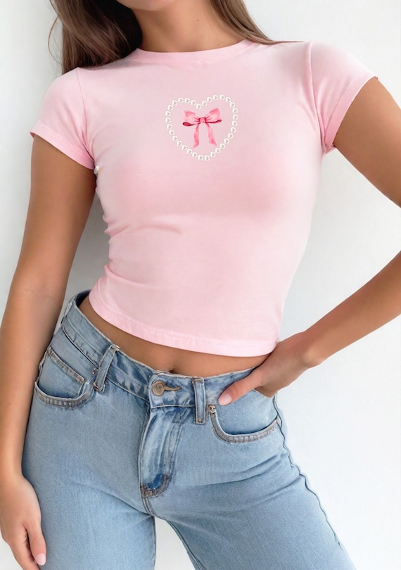Pink Baby Tee Y2K Crop Top, Pearl Heart Bow Detail (youth Unisex S