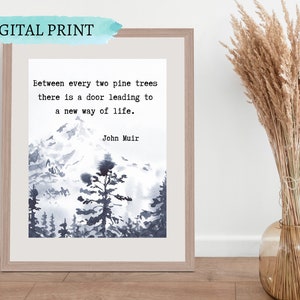 May include: A digital print with a watercolor illustration of a mountain range with pine trees and the quote "Between every two pine trees there is a door leading to a new way of life." by John Muir.