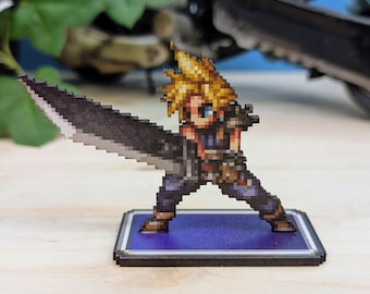 Pixel art wooden Cloud figurine from FF7. The perfect geeky gift for a gamer's room. A gift for him, a Final Fantasy VII fan.